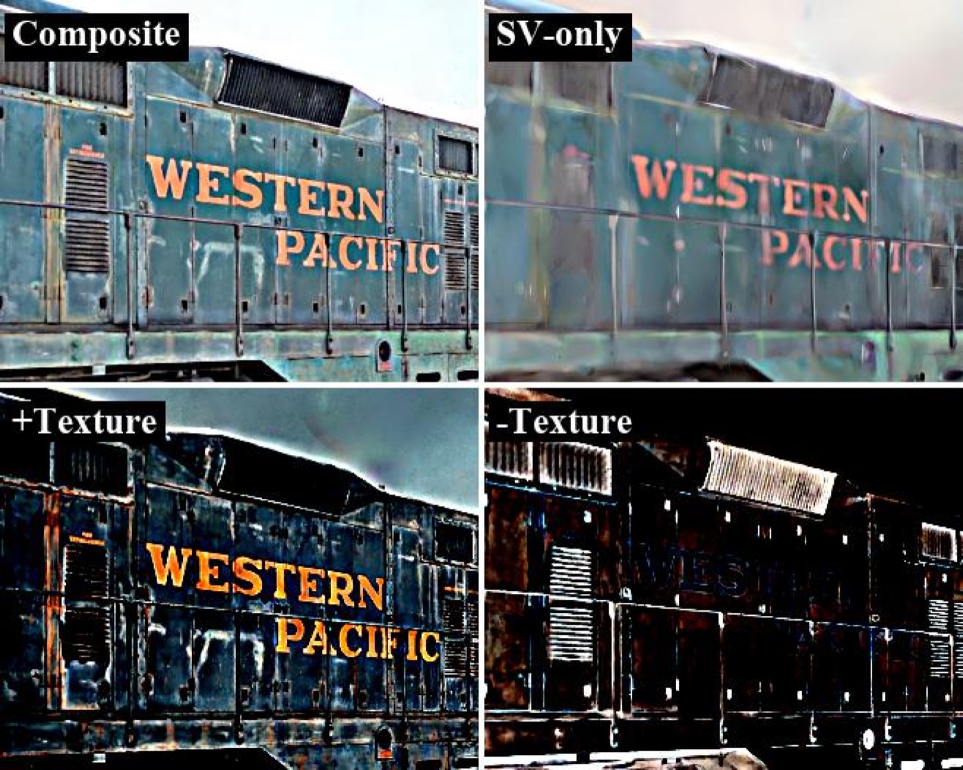 Decomposition of a train scene render: full render, spherical Voronoi color only, positive and negative residual
